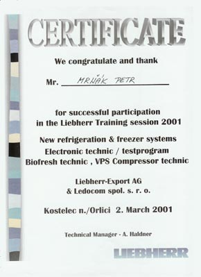 Certifikáty Liebherr - autorizovaný servis, partner, chladírenská technika, mrazící zařízení