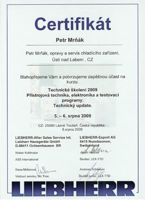Certifikáty Liebherr - autorizovaný servis, partner, chladírenská technika, mrazící zařízení
